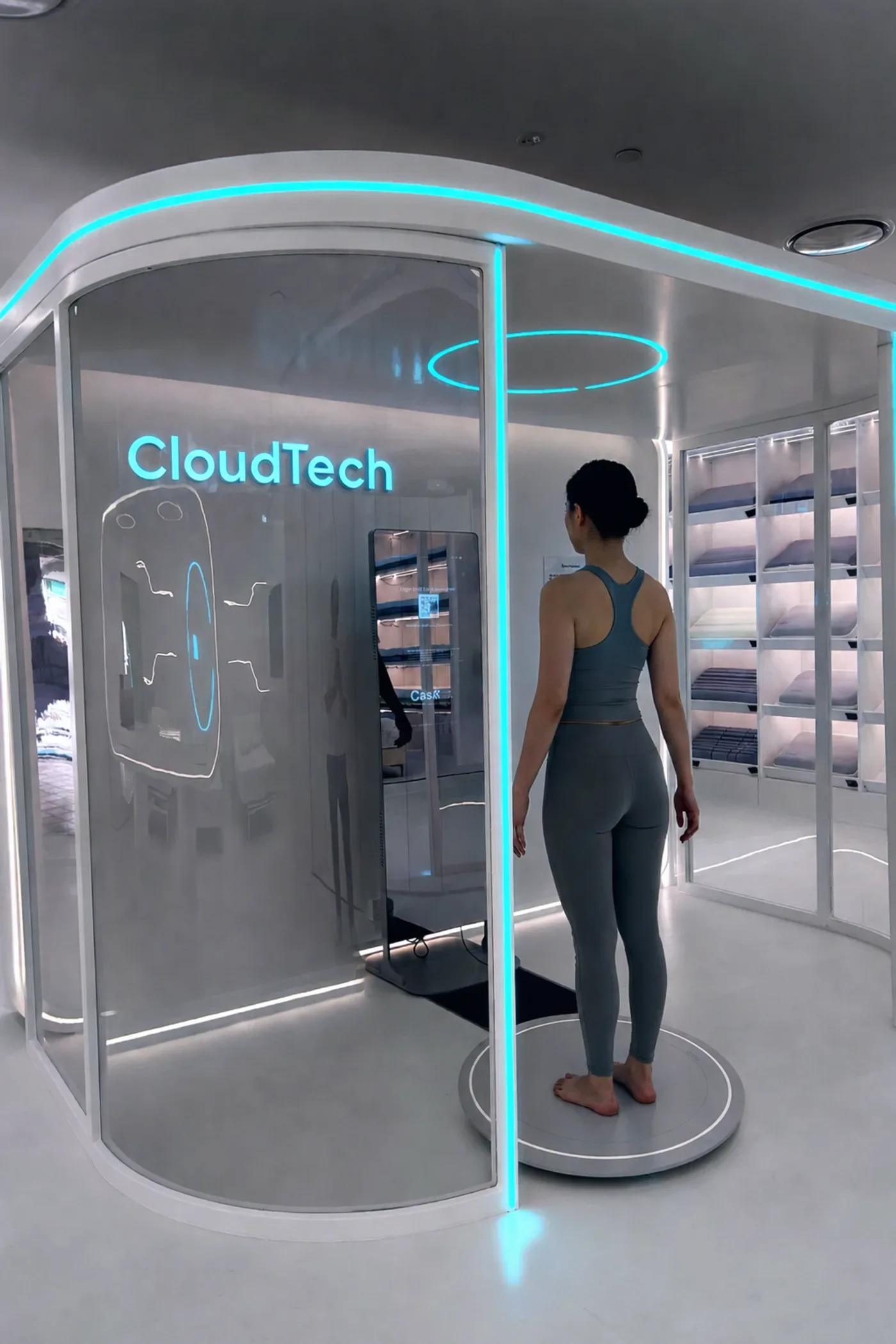 A CasAI Sleep Studio visitor being body-scanned on the CloudTech smart mirror, cyan light lines reading across the pod. Visualisation anchored to showroom photography