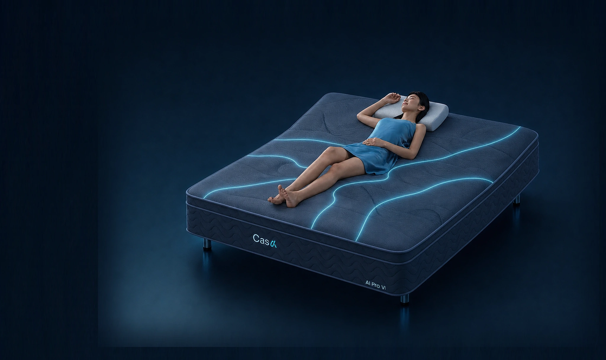 A woman resting on the CasAI AI Pro VI smart mattress in a dark studio, aqua sensor lines reading across the bed. Visualisation.