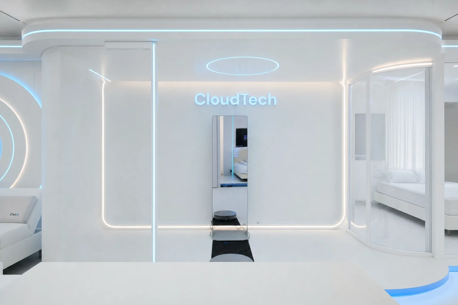 The CloudTech technology zone in the CasAI showroom. Visualisation anchored to showroom photography