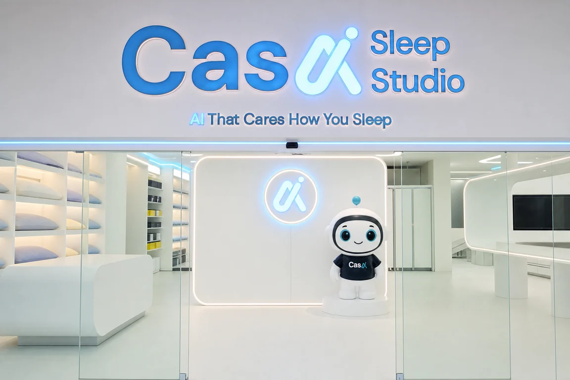 The CasAI Sleep Studio shopfront with the CasAI mascot at the door. Retouched visualisation of the showroom
