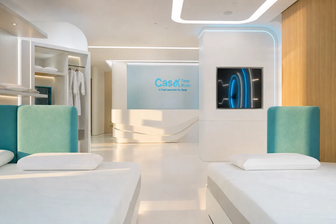 Inside the CasAI showroom, looking toward reception. Visualisation anchored to showroom photography
